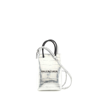 Balenciaga Shopping Phone Holder Crocodile Embossed Leather