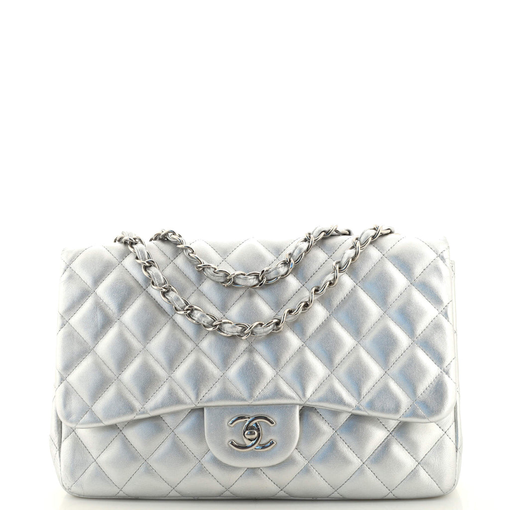 Chanel Classic Single Flap Bag Quilted Lambskin Jumbo Silver 1865591