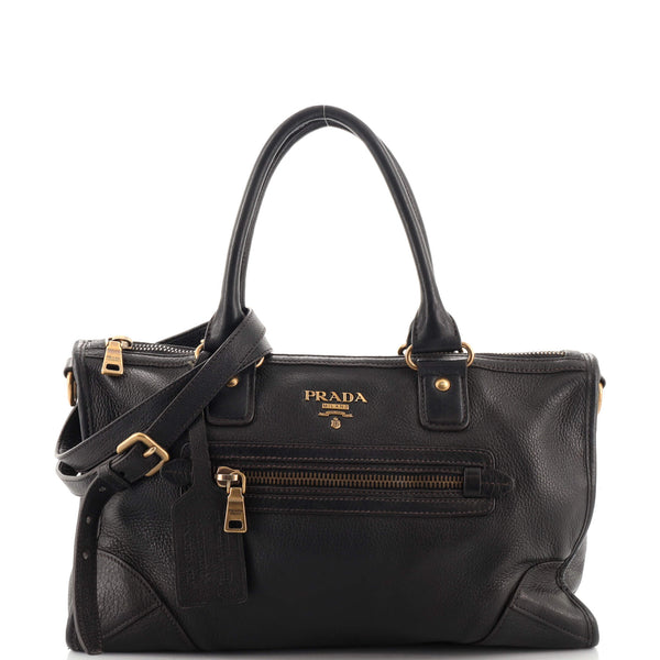 Prada Front Zip Convertible Satchel Vitello Daino Medium Black 1865734