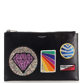 Saint Laurent Zip Pouch Patch Embellished Leather Small