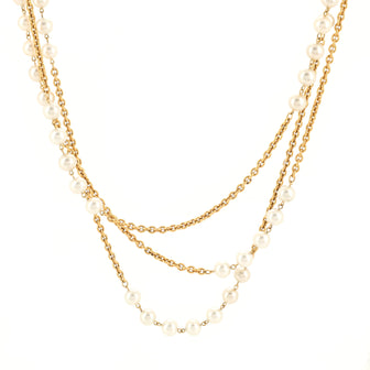 Chanel Vintage Double Pearl Station Long Chain Necklace Metal and Faux Pearls