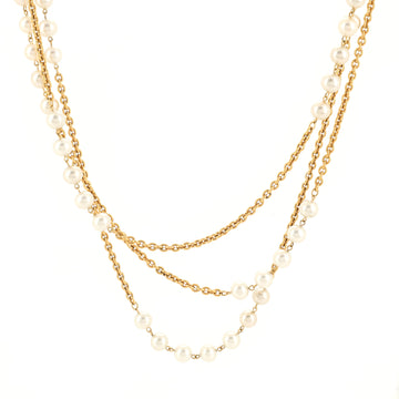 Chanel Vintage Double Pearl Station Long Chain Necklace Metal and Faux Pearls