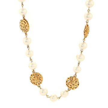 Chanel Vintage Long Necklace Metal with Faux Pearls