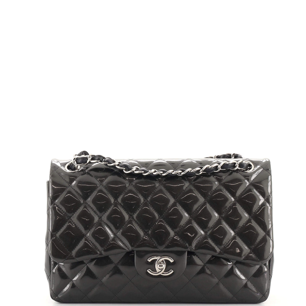Chanel Classic Double Flap Bag Quilted Striated Metallic Patent Jumbo Black