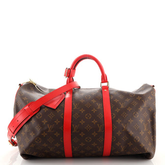 Louis Vuitton Keepall Bandouliere Bag Monogram Canvas with Coquelicot Leather Trim 50