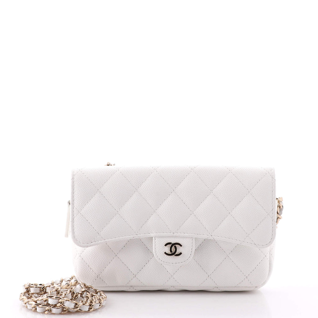 chanel mini phone holder backpack Chanel Classic Flap Phone Holder with Chain Quilted Caviar White 187058227