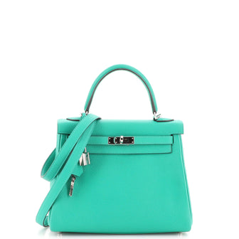 Hermes Kelly Handbag Green Togo with Palladium Hardware 25