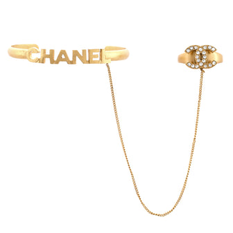 Chanel Logo Bangle with Chain Attached CC Ring Bracelet Metal with Crystal