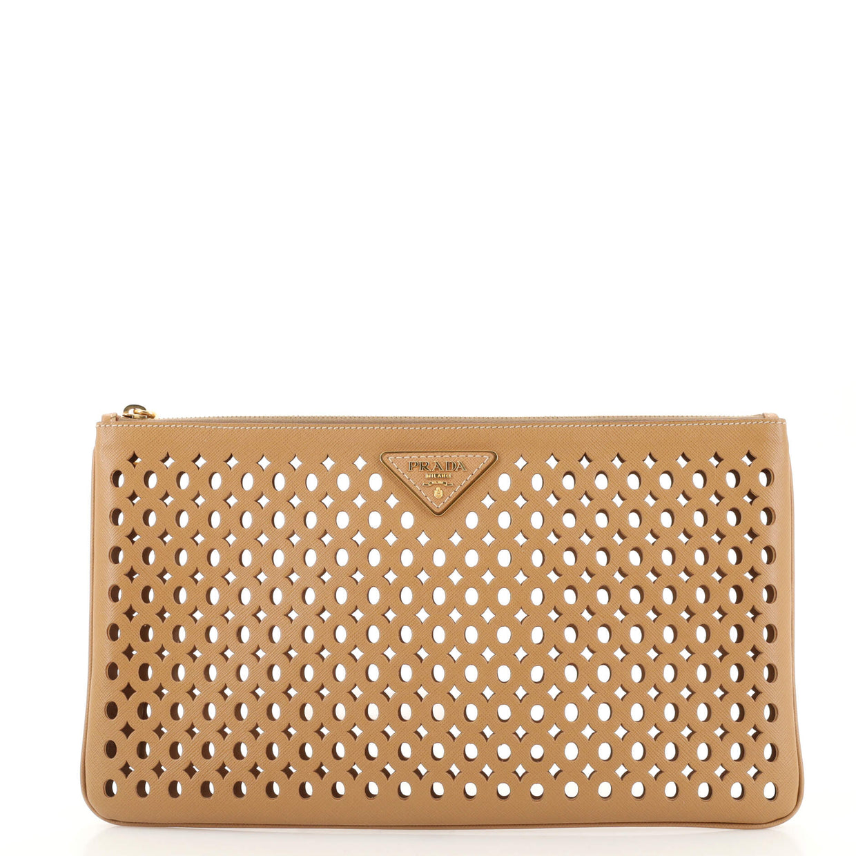 Prada Zip Pouch Perforated Saffiano Leather Large Brown 18705890