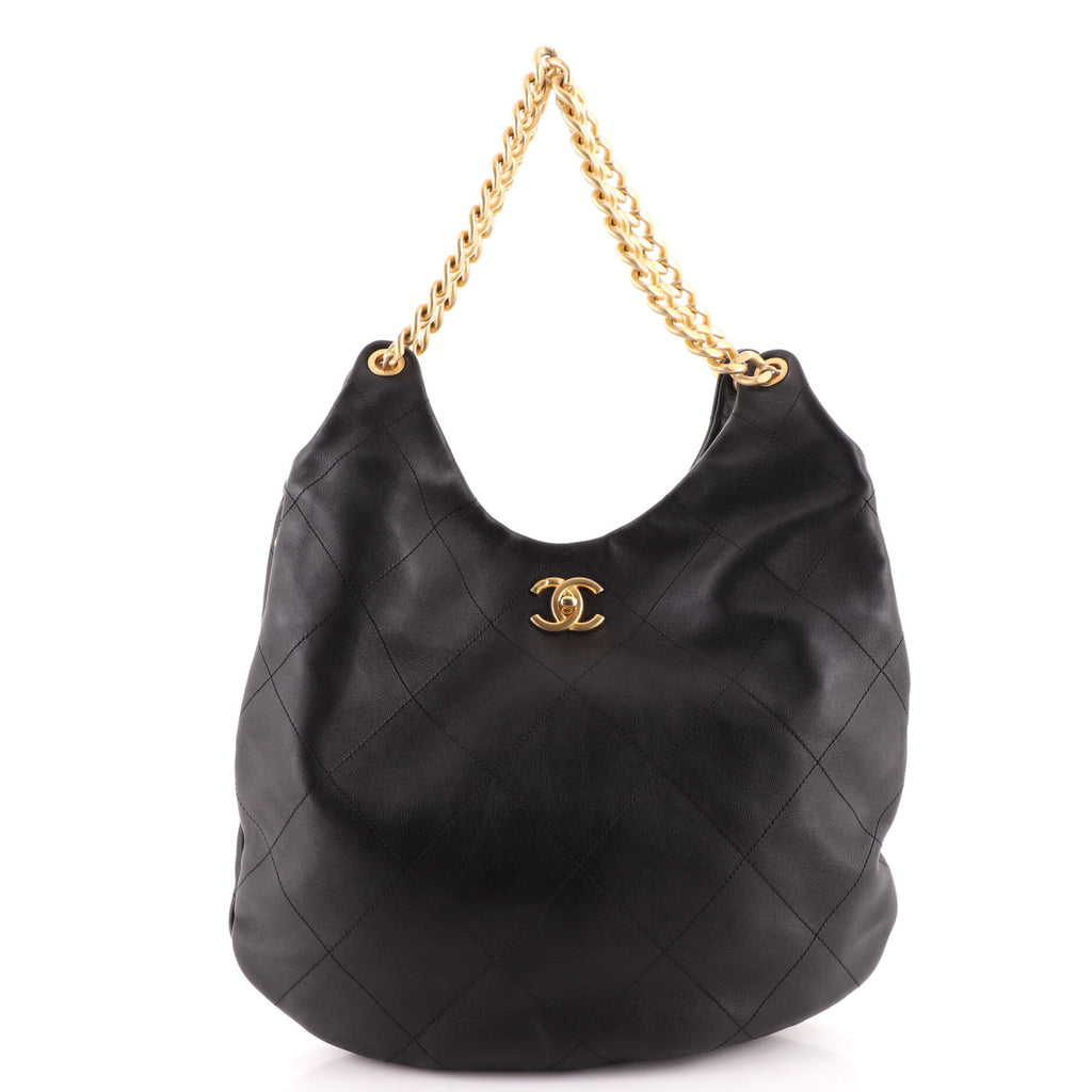 Chanel CC Turnlock Curved Chain Hobo Stitched Calfskin Maxi Black