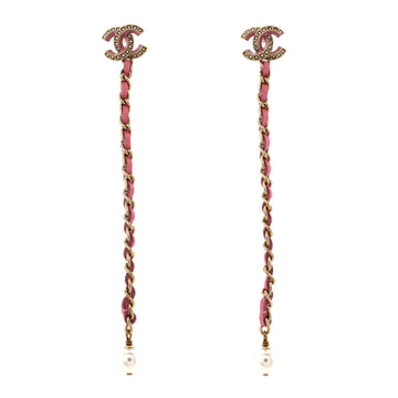 Chanel CC Chain Drop Clip-On Earrings Metal with Leather and Faux Pearls