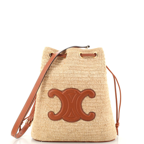 Celine Triomphe Drawstring Bucket Bag Raffia with Leather 187654