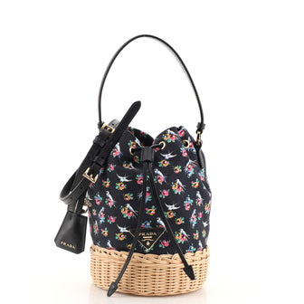 Prada Drawstring Bucket Bag Printed Canvas and Wicker Small