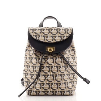 Salvatore Ferragamo Gancini Flap Drawstring Backpack Printed Coated Canvas Mini