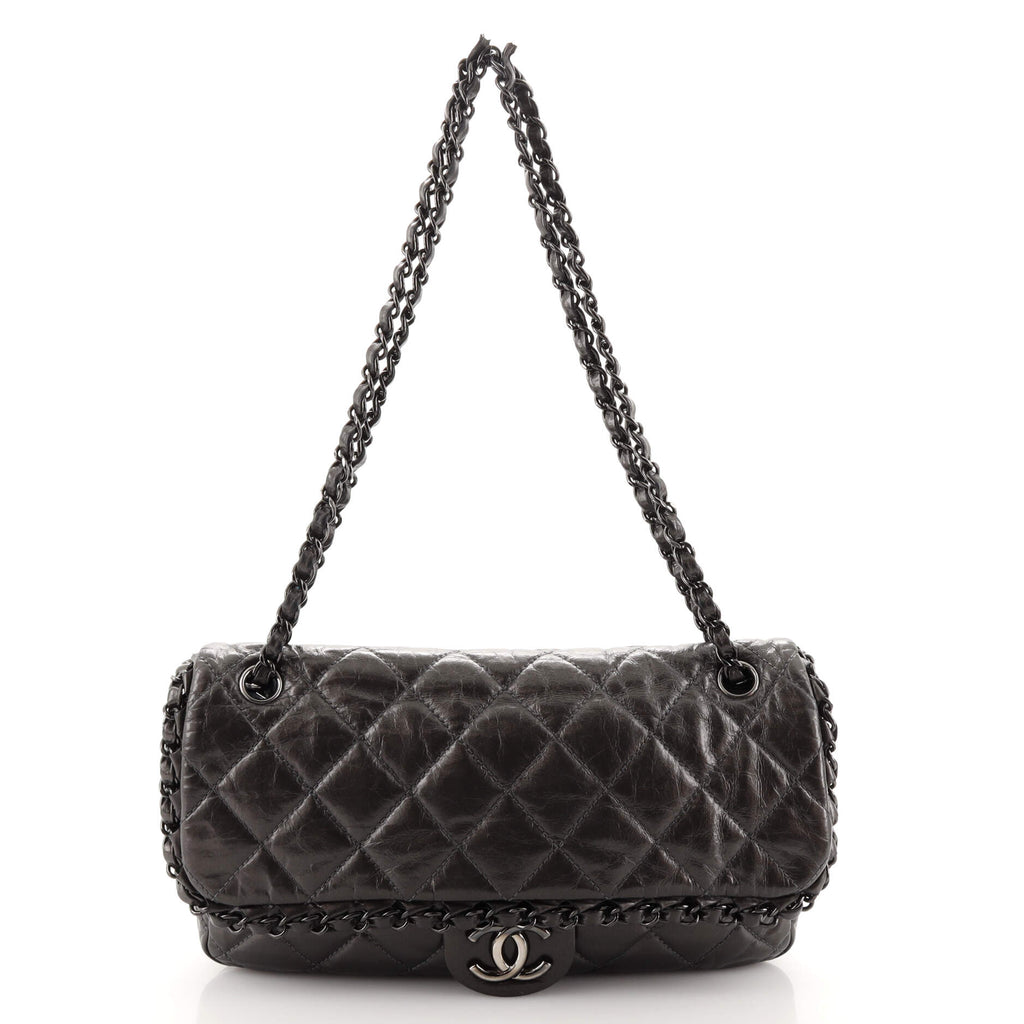 Chanel Black Quilted Aged Calfskin Medium Chain Around Single Flap Gold Hardware, 2020 (Like New), Womens Handbag