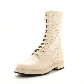 Fendi Women's Combat Boots FF Karligraphy Canvas with Leather
