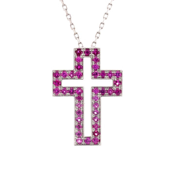 Boucheron Cross Pendant Necklace 18K White Gold with Pink Sapphires