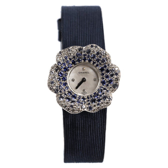 Chanel Camellia Quartz Watch White Gold and Satin with Diamonds and Sapphires and Mother of Pearl 27