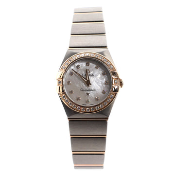 Omega Constellation Quartz Watch Stainless Steel and Rose Gold with Diamond Bezel and Markers and Mother of Pearl 24