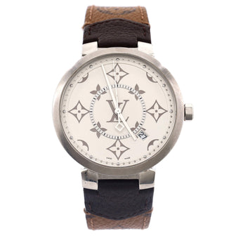 Louis Vuitton Tambour Slim Monogram White Quartz Watch Stainless Steel and Reverse Monogram 39