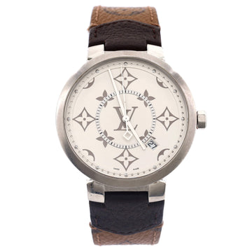 Louis Vuitton Tambour Slim Monogram White Quartz Watch Stainless Steel and Reverse Monogram 39