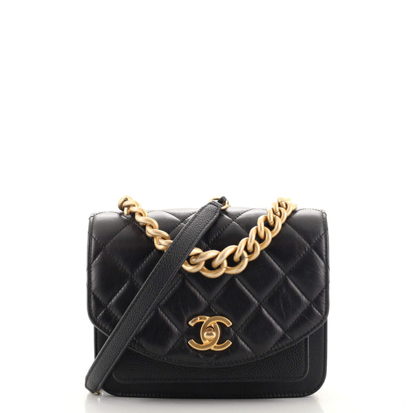 Chanel Gold Quilted Calfskin and Caviar Mini Chain Handle Flap Gold Hardware, 2019 (Like New), Womens Handbag