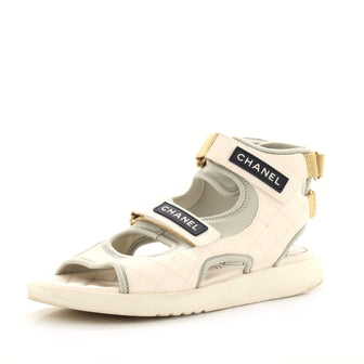 CHANEL Goatskin Fabric Gladiator Sandals 41 White Light Grey Navy Blue  695511