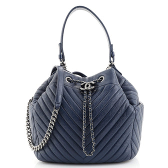 Chanel CC Chain Drawstring Bucket Bag Chevron Sheepskin Small