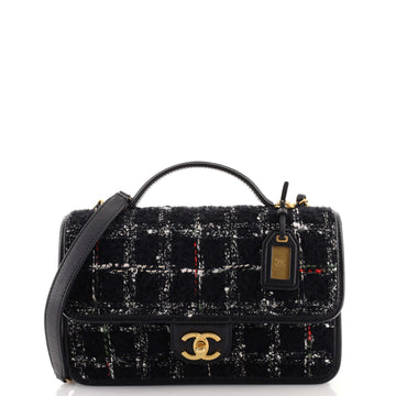 Chanel School Memory Top Handle Flap Bag Quilted Tweed Small