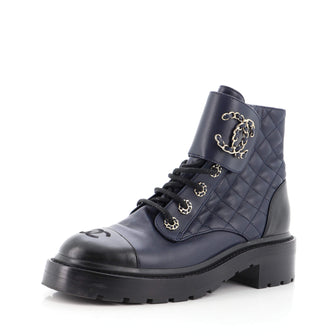 Women's Chain CC Cap Toe Lace Up Combat Boots Quilted Leather