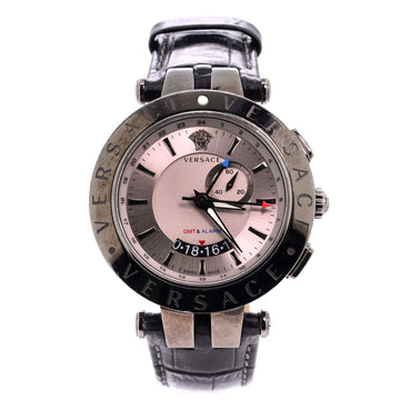 Versace V-Race GMT Alarm Quartz Watch Stainless Steel and Crocodile Embossed Leather 46