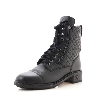 Chanel Women's CC Zip Up Combat Boots Quilted Leather