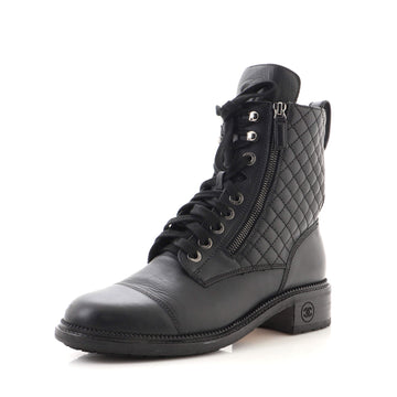 Chanel Women's CC Zip Up Combat Boots Quilted Leather