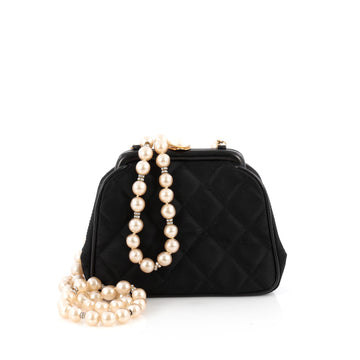 Chanel Vintage Pearl Chain Frame Bag Quilted Satin Small Black