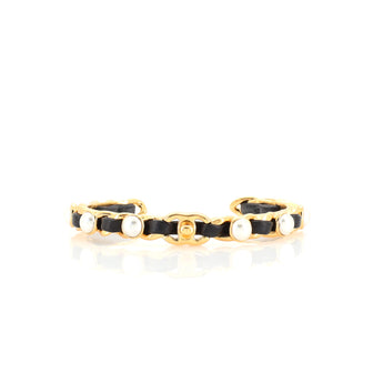 Chanel CC Chain Link Cuff Bracelet Faux Pearl Embellished Metal and Lambskin
