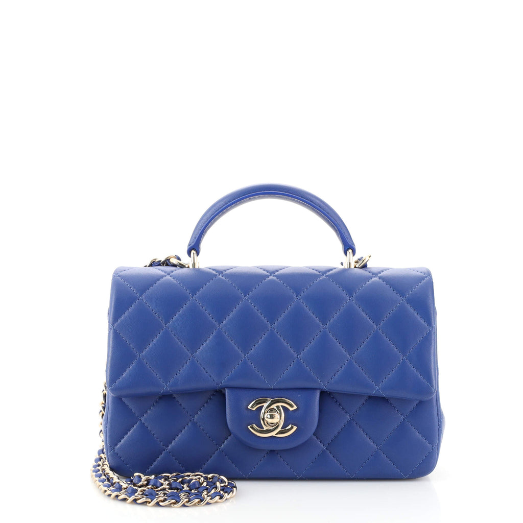 Chanel Classic Single Flap Top Handle Bag Quilted Lambskin Mini Blue 1890741