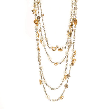 Chanel CC Flower Triple Strand Necklace Metal and Faux Pearls