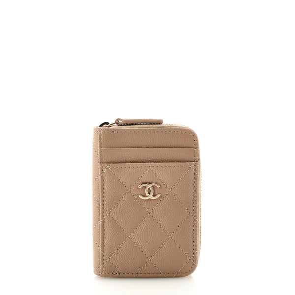 Chanel Square Zip Around Card Holder Wallet Quilted Caviar Neutral