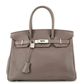 Hermes Birkin Handbag Grey Clemence with Palladium Hardware 30