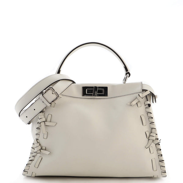 Fendi Bow Peekaboo Bag Whipstitch Leather Regular White 1893988