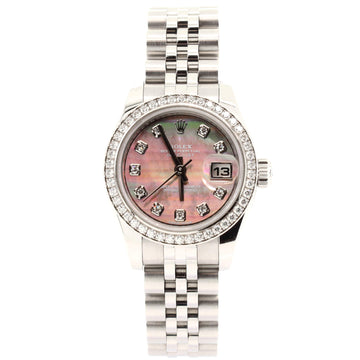 Rolex Oyster Perpetual Datejust Automatic Watch Stainless Steel and White Gold with Diamond Bezel and Markers and Mother of Pearl 26
