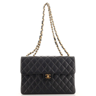 Chanel Vintage Square Classic Single Flap Bag Quilted Caviar Jumbo