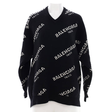 Balenciaga Women's V-Neck Logo Sweater Wool Blend