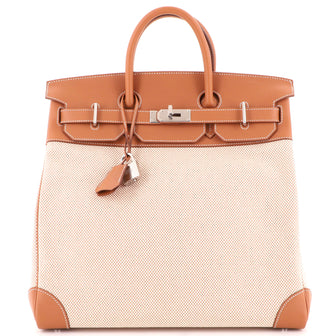 Hermes HAC Birkin Bag Toile and Brown Evercolor with Palladium Hardware 40