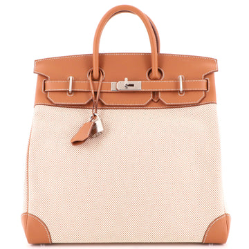 Hermes HAC Birkin Bag Toile and Brown Evercolor with Palladium Hardware 40