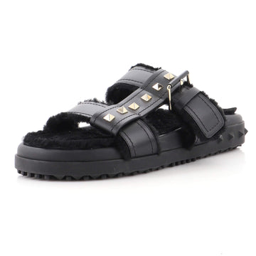 Valentino Garavani Women's Roman Stud Flat Slide Sandals Shearling with Leather