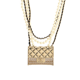 Chanel Flap Bag Pendant Long Necklace Quilted Metal with Lambskin and Faux Pearls