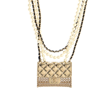 Chanel Flap Bag Pendant Long Necklace Quilted Metal with Lambskin and Faux Pearls