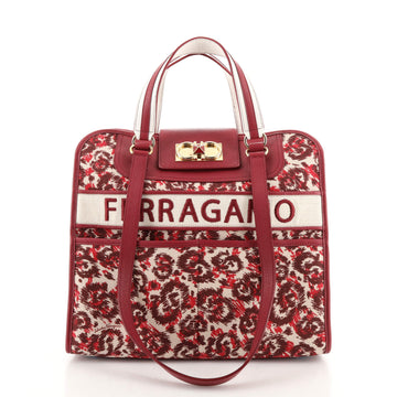 Salvatore Ferragamo Iconic Double Gancini Tote Bag Printed Canvas with Leather