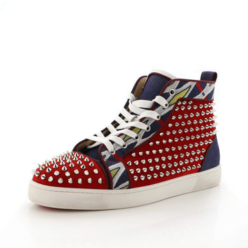 Christian Louboutin Men's Louis Spikes Flat High-Top Sneakers Embroidered Denim with Suede
